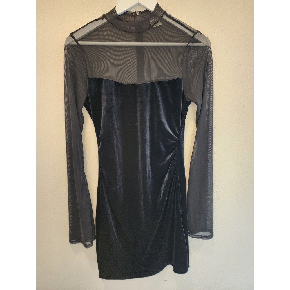Wild Fable Black Velvet Sheer Mesh Mock Neck Bodycon Mini Dress Small Ruched LBD